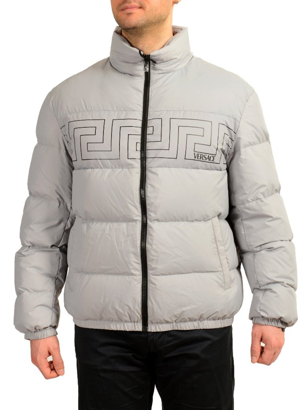 Versace Men's Gray Greeca Print Full Zip Down Parka Jacket US L IT 52